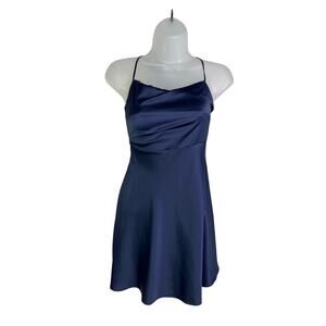 Lucy In The Sky Dress Womens Small Satin Blue Unlined Tie Back Spaghetti Strap‎